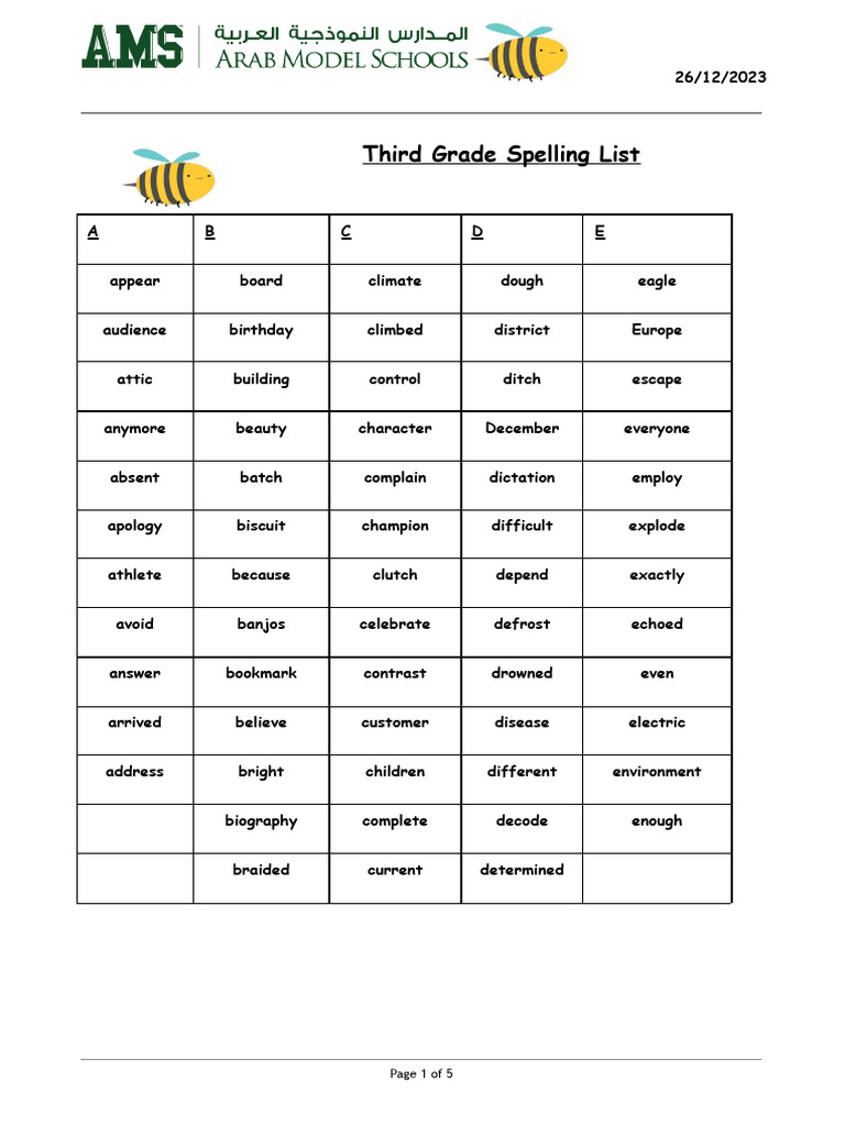 3rd Grade Spelling Bee Word List | PDF