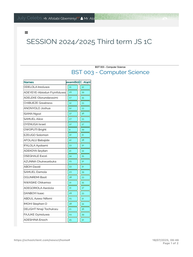 SESSION 2024/2025 Third Term JS 1C: BST 003 - Computer Science | PDF