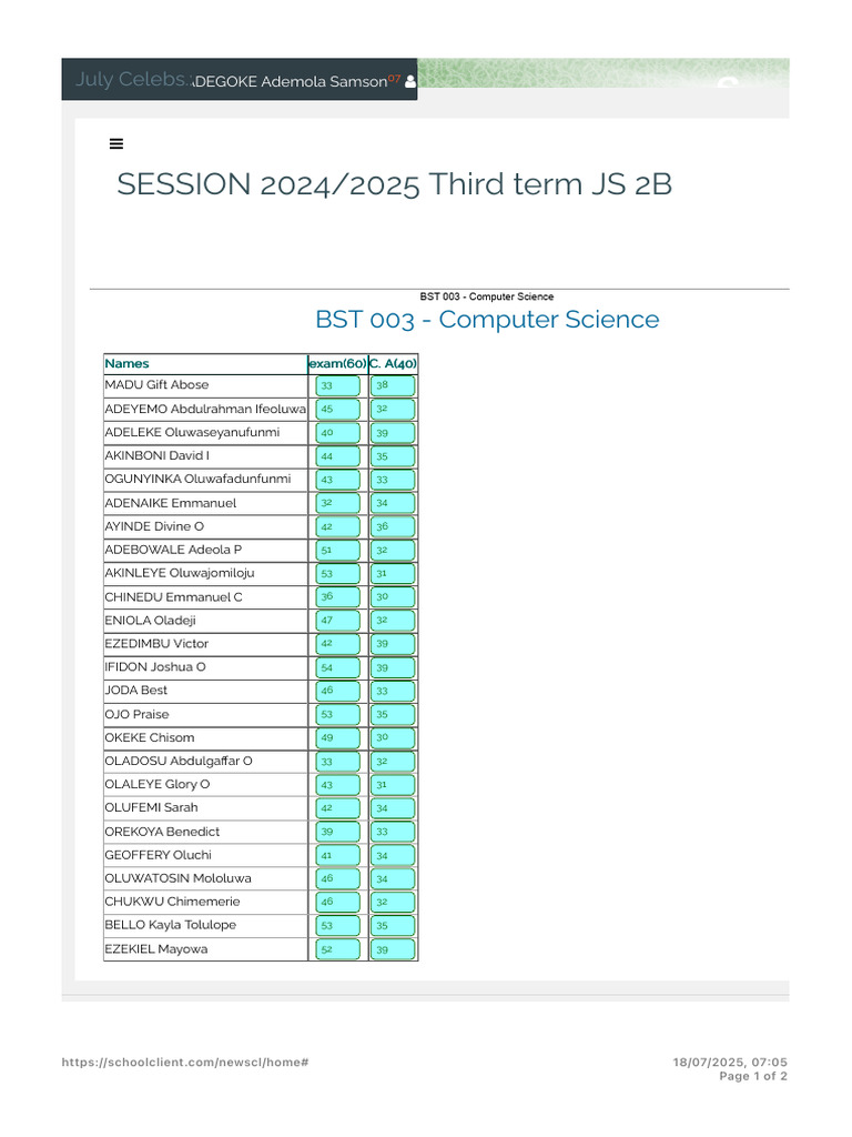 SESSION 2024/2025 Third Term JS 2B: BST 003 - Computer Science | PDF