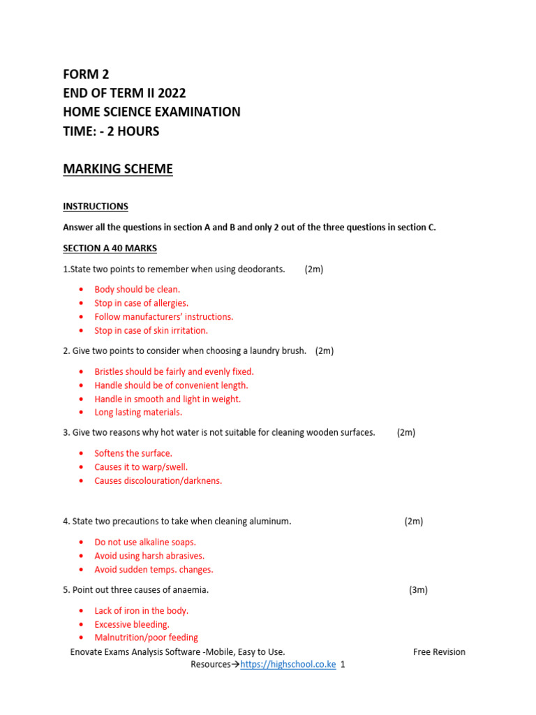 HOME SCIENCE Form 2 Term 2 Joint Exam 2022 Marking Scheme | PDF | Sink ...