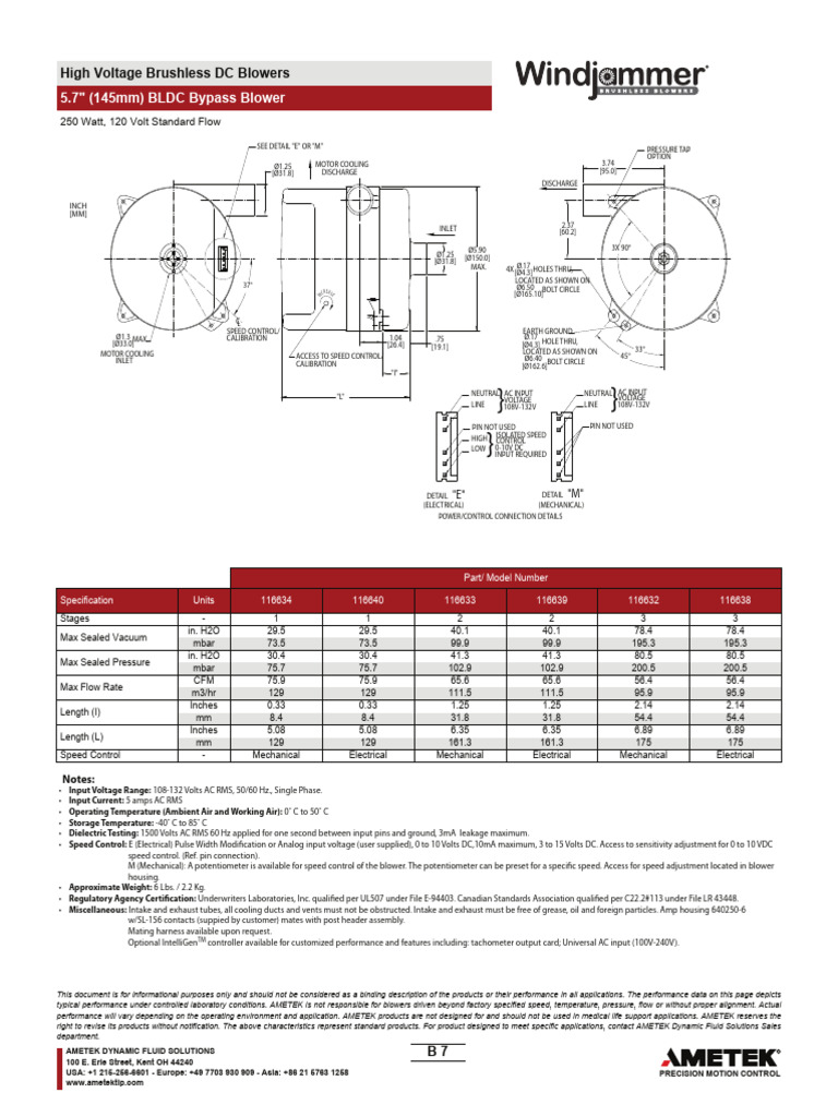 Ametek Windjammer 116634 116640 116633 116639 116632 116638 Spec Sheet ...