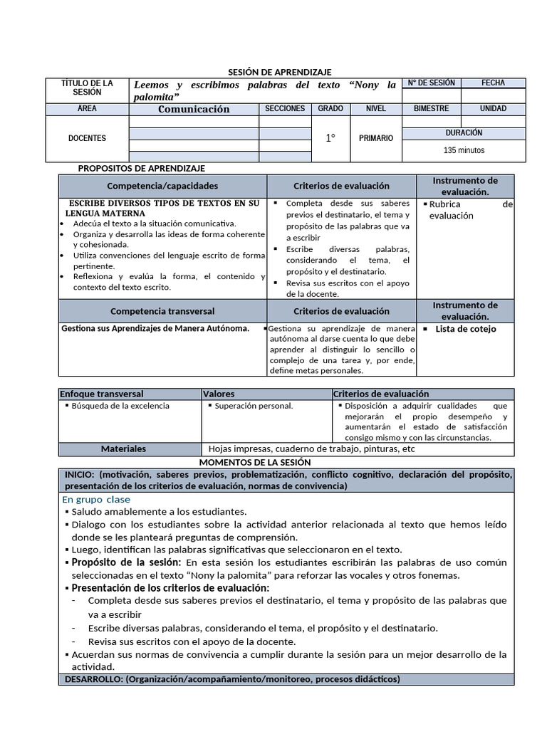 Leemos y Escribimos Palabras Del Texto "Nony La Palomita". | PDF ...