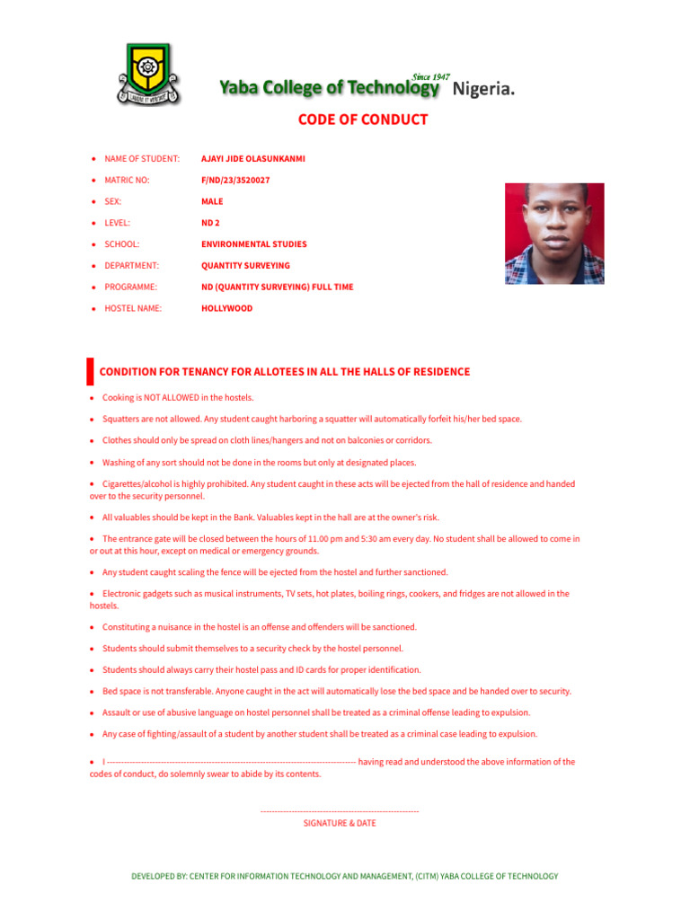 Yabatech Hostel Code of Conduct 2025 | PDF | Crimes | Crime & Violence