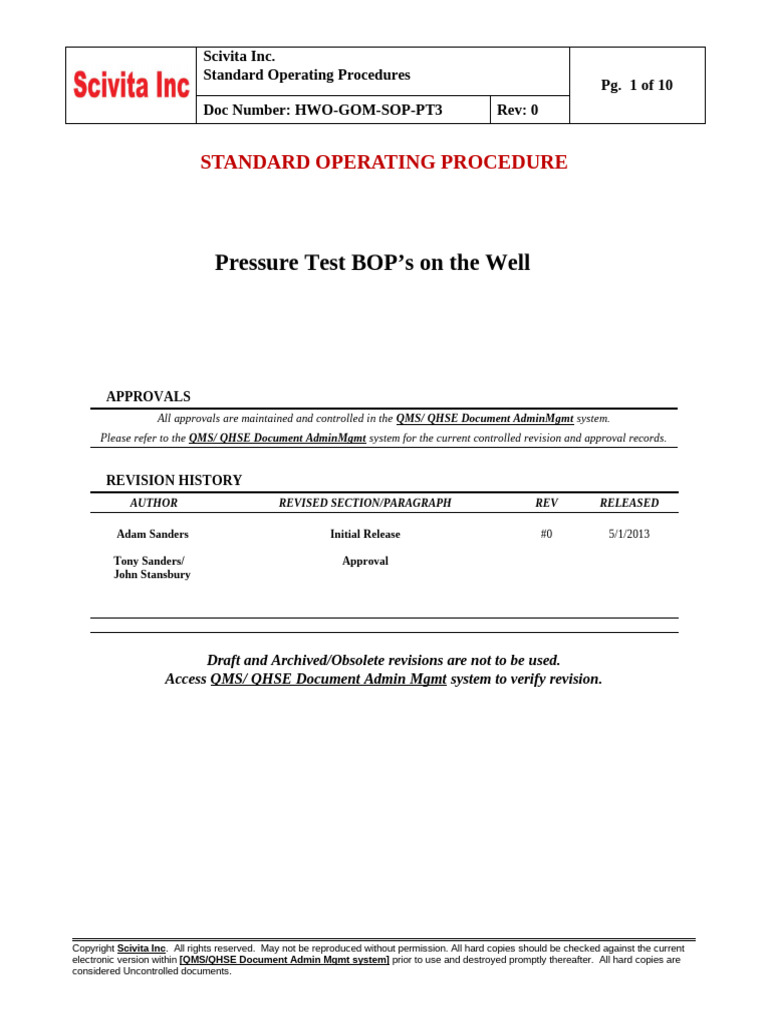Pressure Testing BOP SOP Guide | PDF
