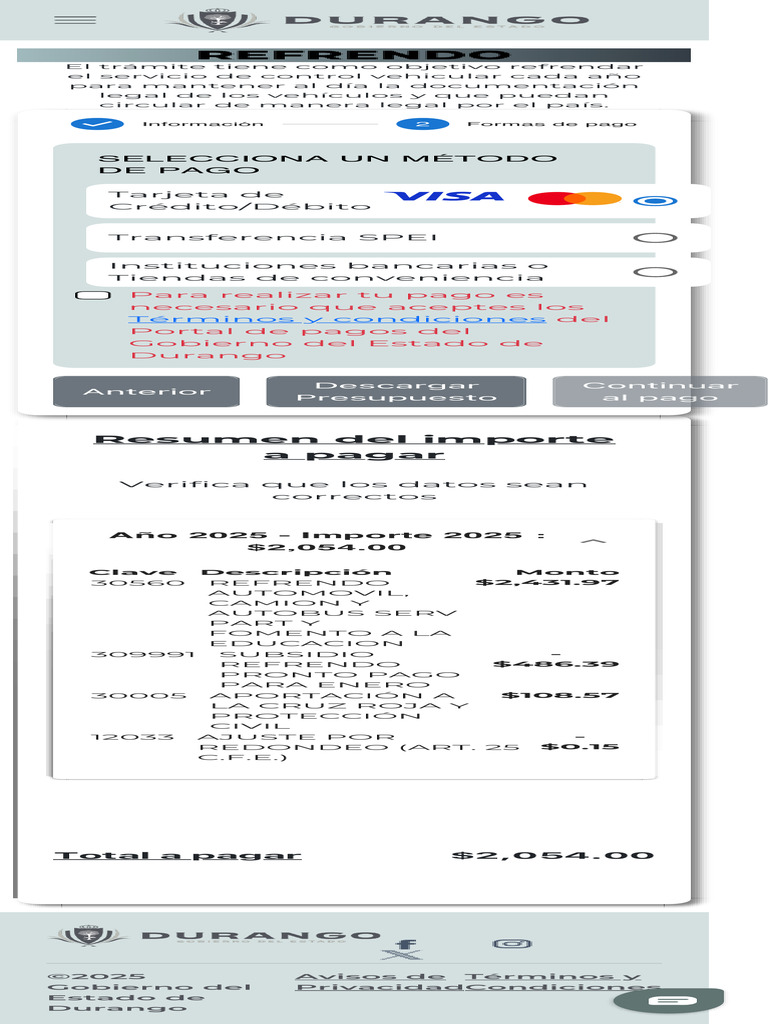 Pago de Refrendo Vehicular 2025 Durango PDF