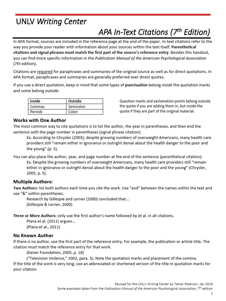 APA In-Text Citations - 7th Edition | PDF | Citation | Apa Style