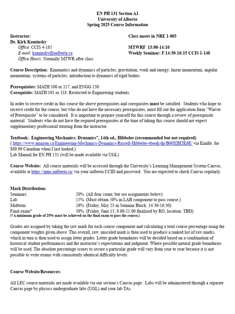 EN PH 131 Course Overview - Spring 2025 | PDF | Kinematics | Momentum