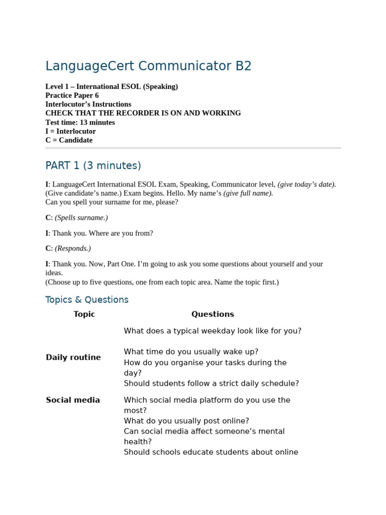LanguageCert B2 Speaking Practice Paper | PDF | English As A Second Or ...