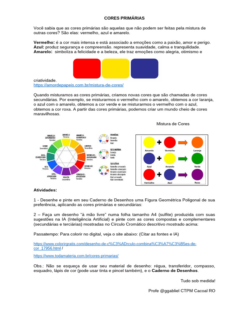 Cores Primárias e Atividades para 5º Ano | PDF