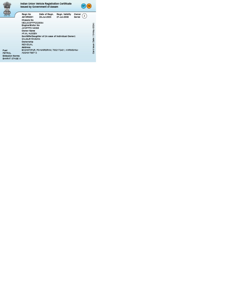 Assam Vehicle Registration Certificate | PDF