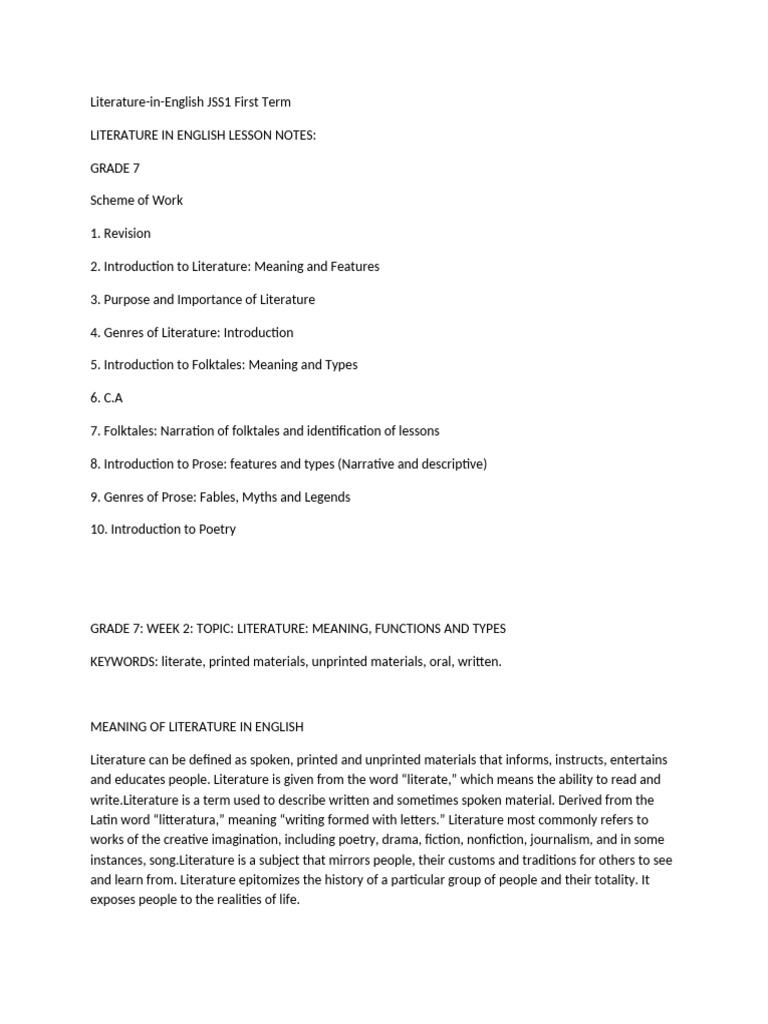JSS1 Literature: First Term Overview | PDF | Poetry | Cinderella