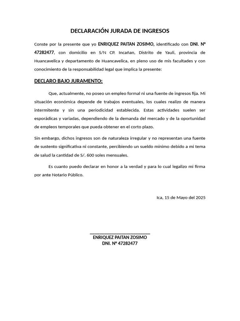 Declaración Jurada de Ingresos 2025 | PDF
