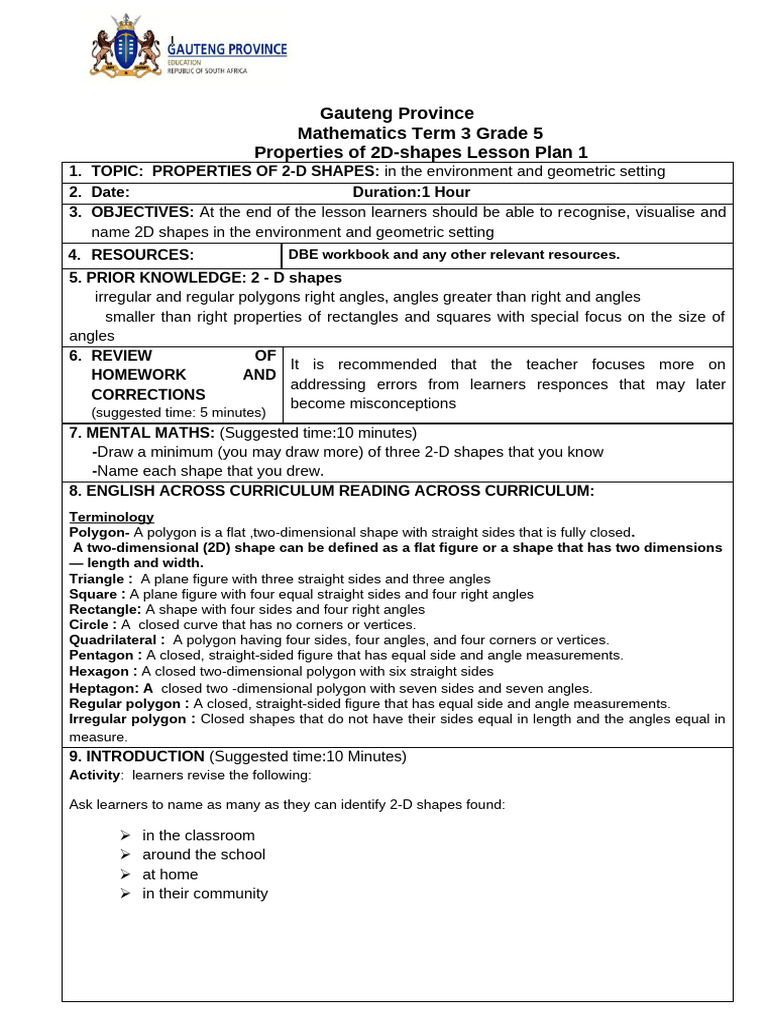 Grade 5 Properties of 2D SHAPES Lesson Plans | PDF | Shape | Rectangle