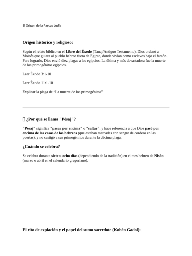 Origen y Significado de la Pascua Judía | PDF | Pascua | Libro del éxodo
