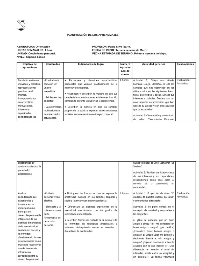 Planificación de Crecimiento Personal Séptimo | PDF | La sexualidad ...