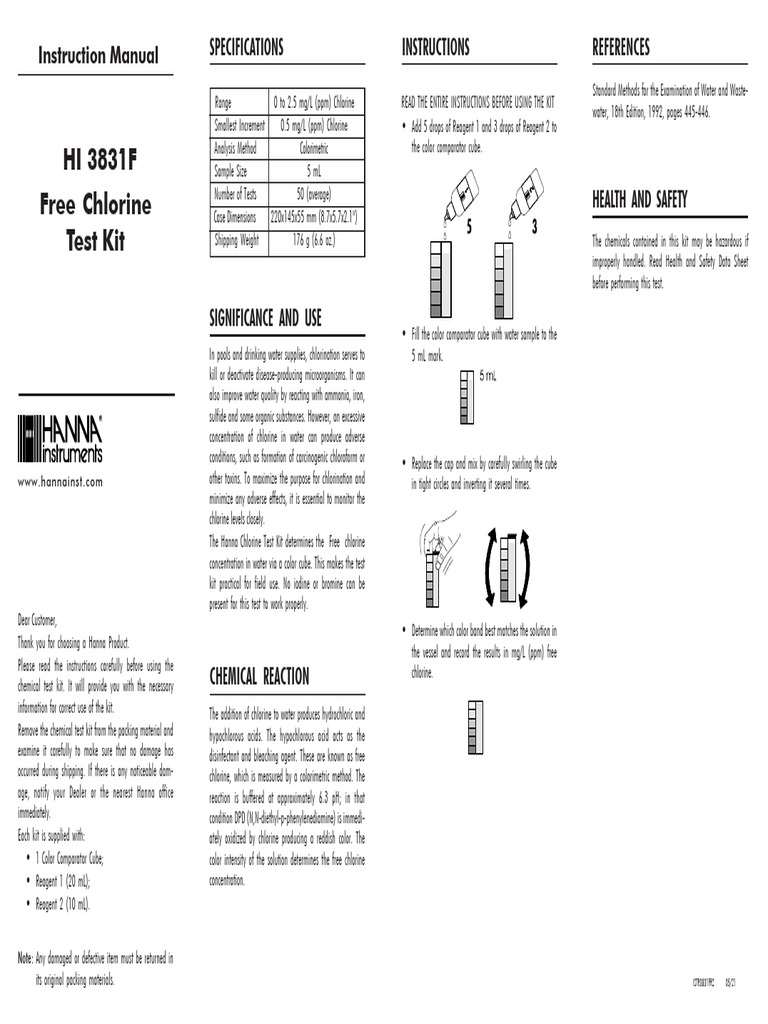 Free Chlorine Test Kit Manual | PDF | Chlorine | Chemistry
