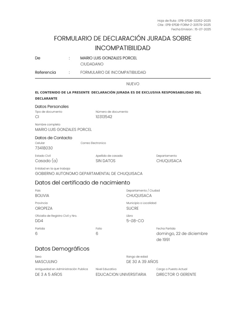 Formulario de Declaración Jurada Sobre Incompatibilidad Epb-Epdb-Form-Z ...