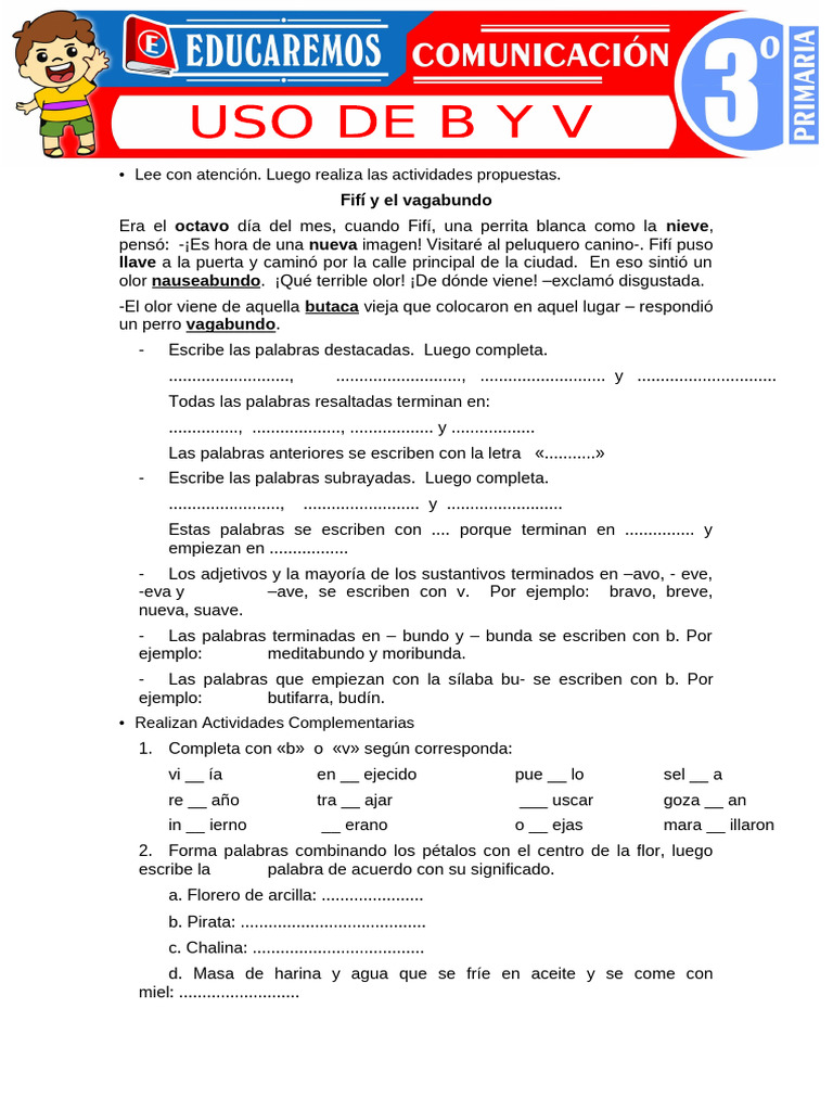 Uso de B y V para Tercer Grado de Primaria | PDF