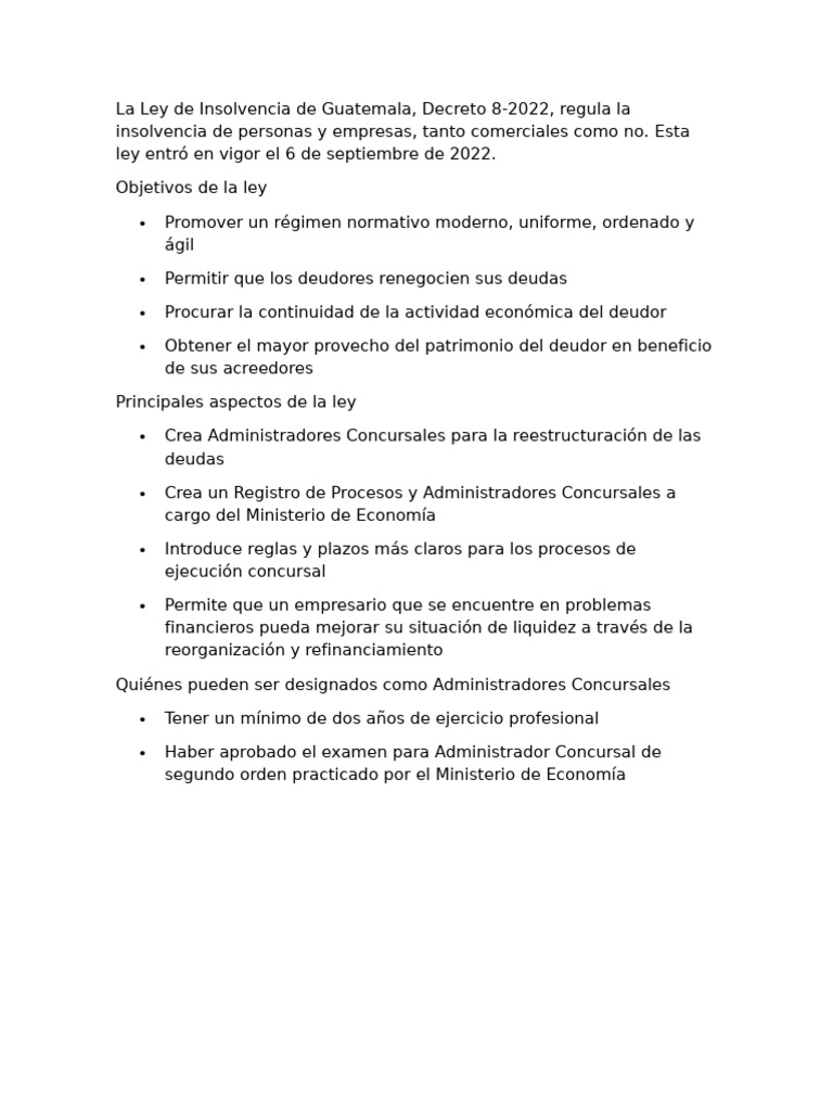 Ley de Insolvencia en Guatemala 2022 | PDF