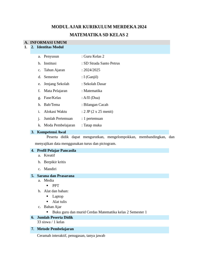 Modul Ajar Matematika Kelas 2 SD | PDF