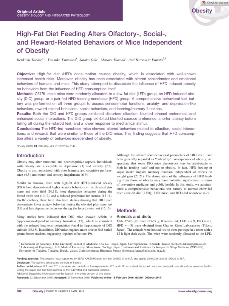 High-Fat Diet Alters Mouse Behaviors | PDF | Obesity | Behavior