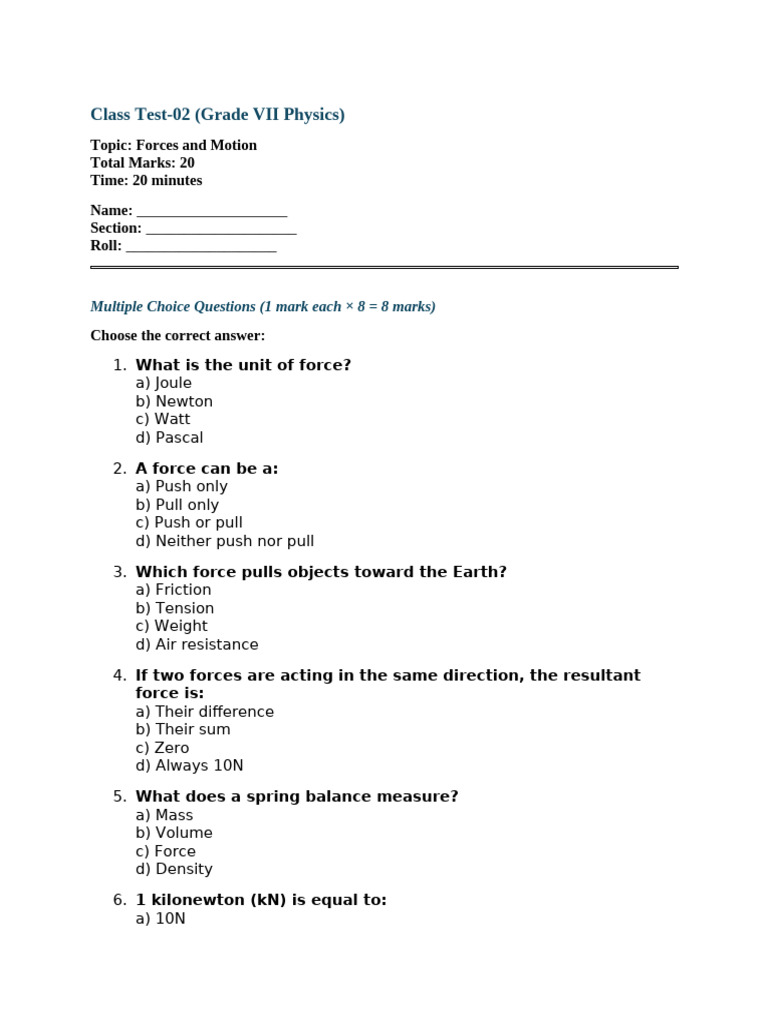 Forces and Motion Test for Grade VII | PDF | Force | Acceleration