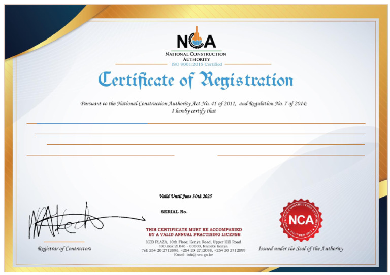 Kinara Construction NCA8 Registration | PDF