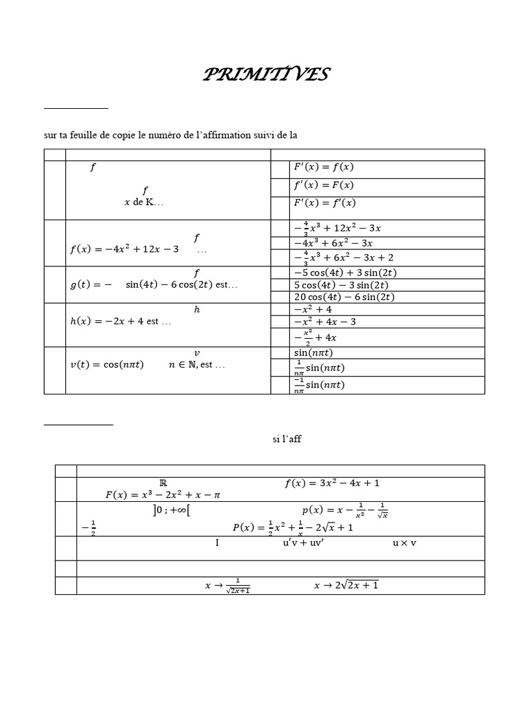 Exercices sur les primitives et dérivées | PDF | Limite (mathématiques ...