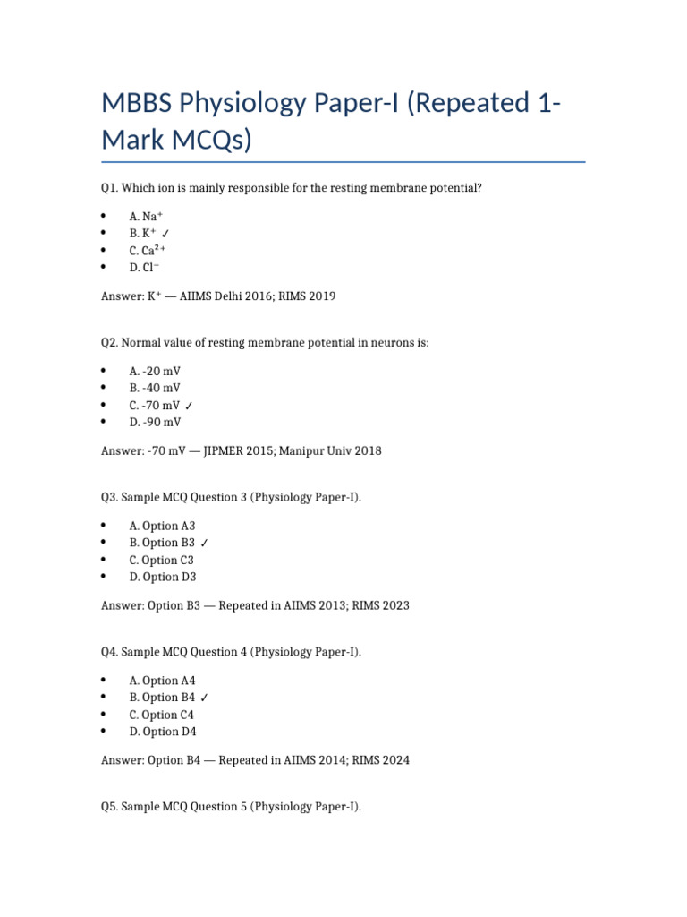 MBBS Physiology MCQs Paper-I | PDF | Biology | Biophysics