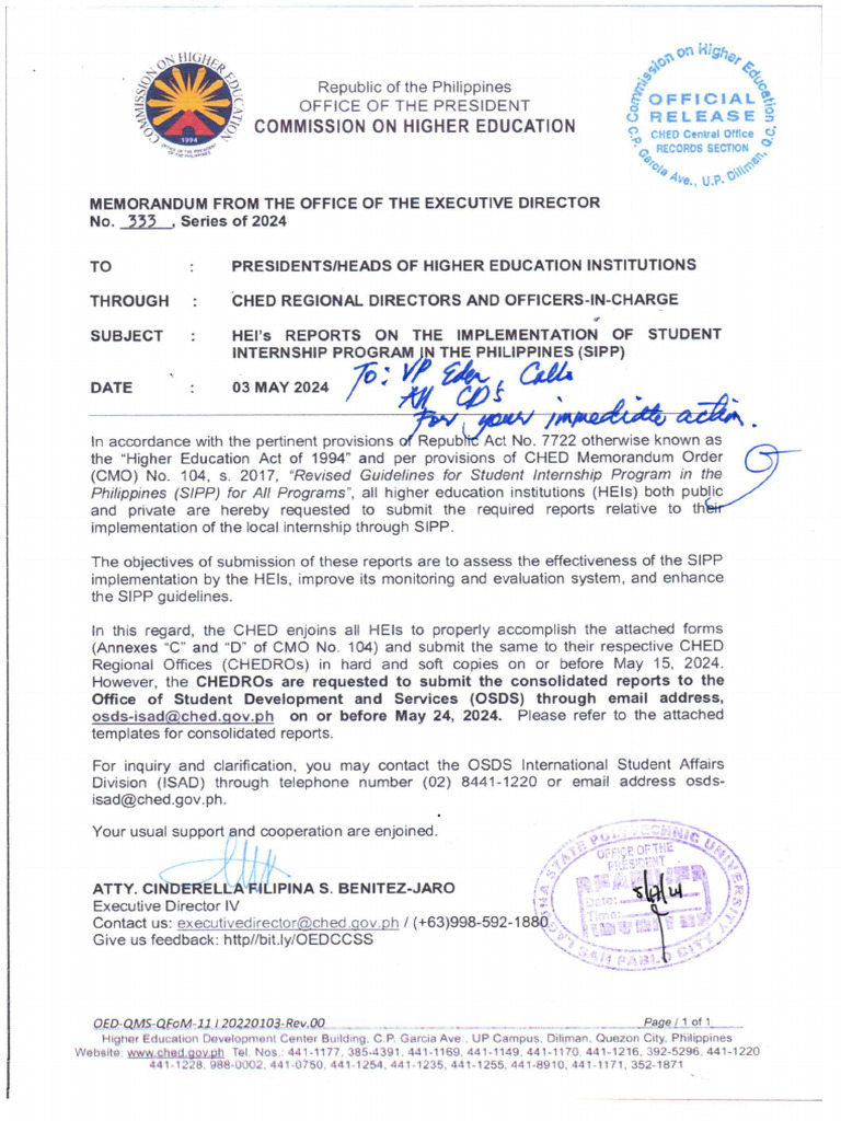 CHED Reports On The Implementation of SIPP | PDF