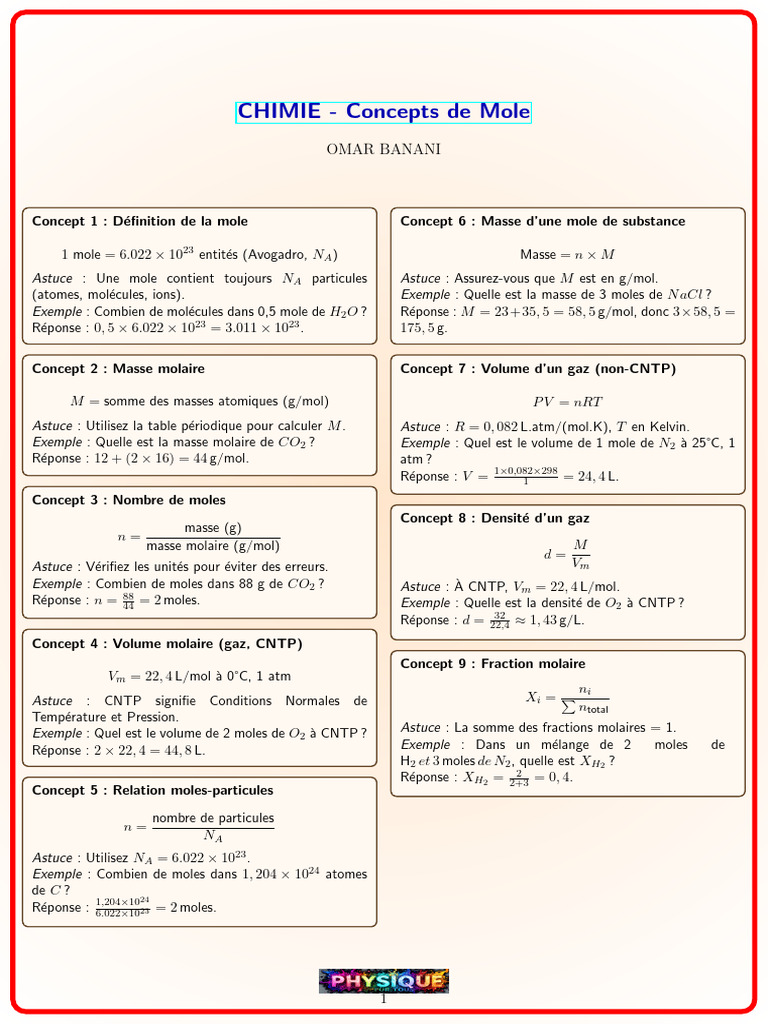 Concepts clés sur la mole en chimie | PDF | Concentration molaire ...