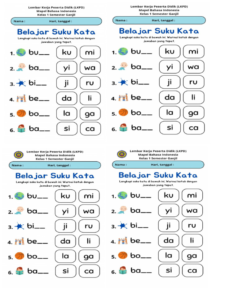 Lkpd Suku Kata Ba Bi Bu Be Bo | PDF