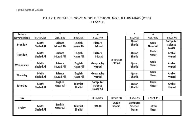 October Class 6 Timetable - Govt School | PDF