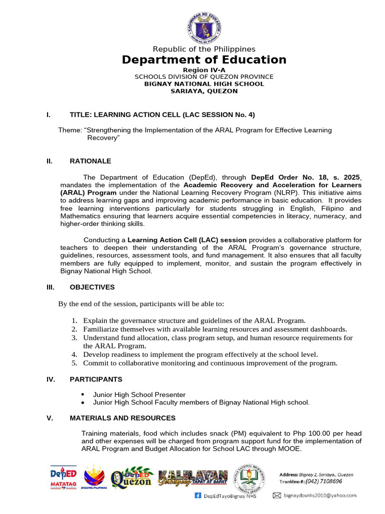 LAC Session 4: ARAL Program Implementation | PDF | Learning | Cognition
