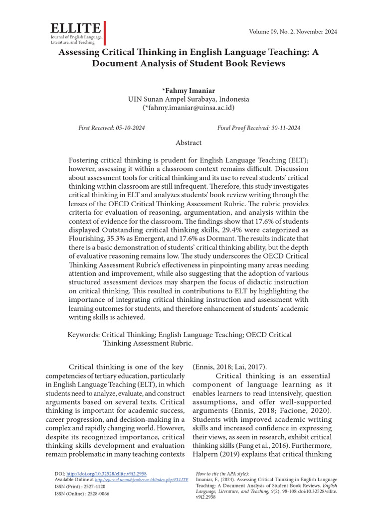 Assessing Critical Thinking in ELT | PDF | Critical Thinking | Thought