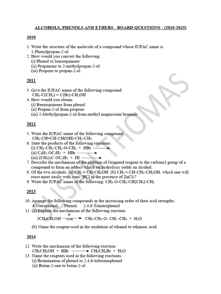 Board Questions on Alcohols and Phenols | PDF | Acid | Ether