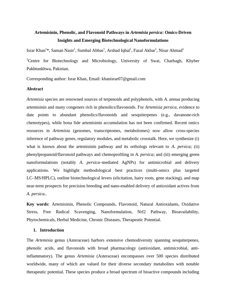 Artemisia persica: Omics and Nanoformulations | PDF | Polyphenol ...