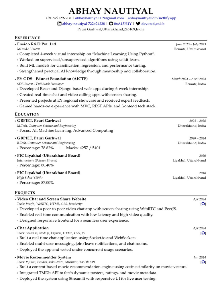 Abhay Nautiyal: AI & Full Stack Developer | PDF | Computer Science ...