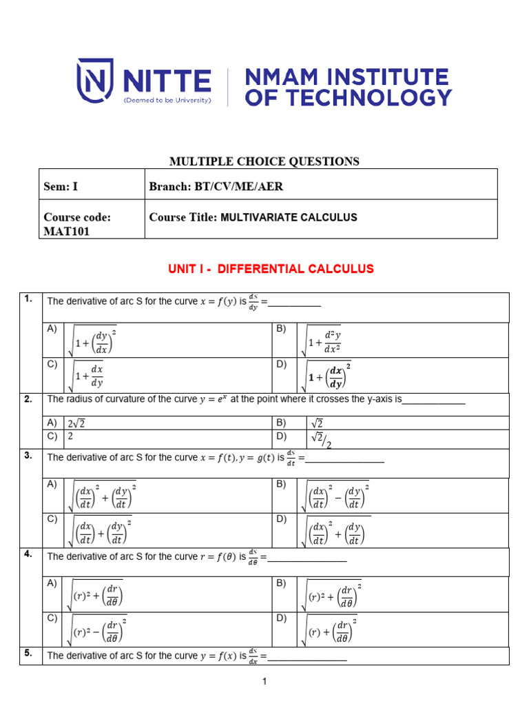 Multivariate Calculus MCQs for Sem I | PDF | Curvature | Mathematical ...