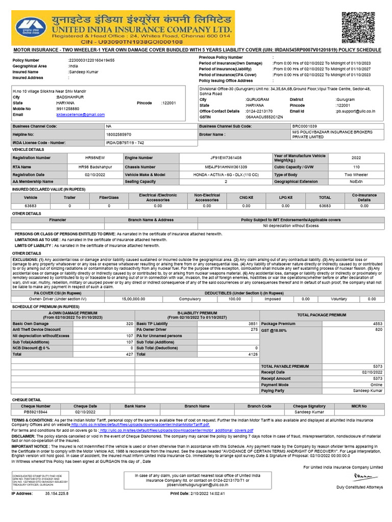 Policy 494694097 3465865297377 | PDF | Insurance | Cheque