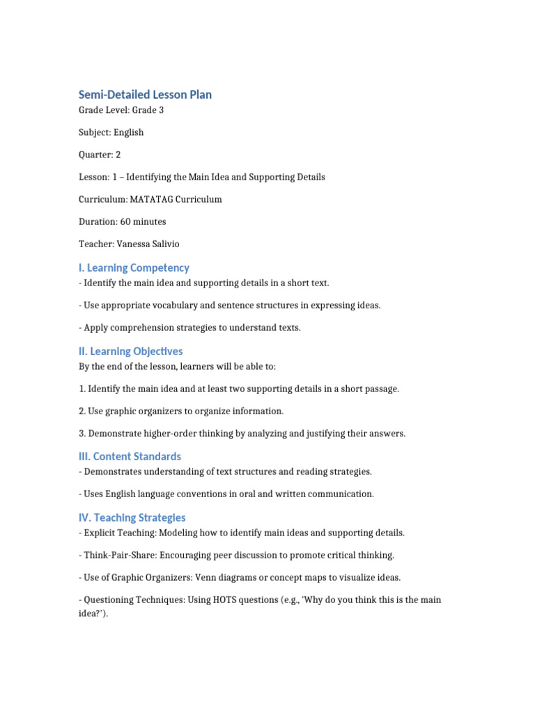 Grade 3 Lesson Plan: Main Idea & Details | PDF | Learning | Cognition