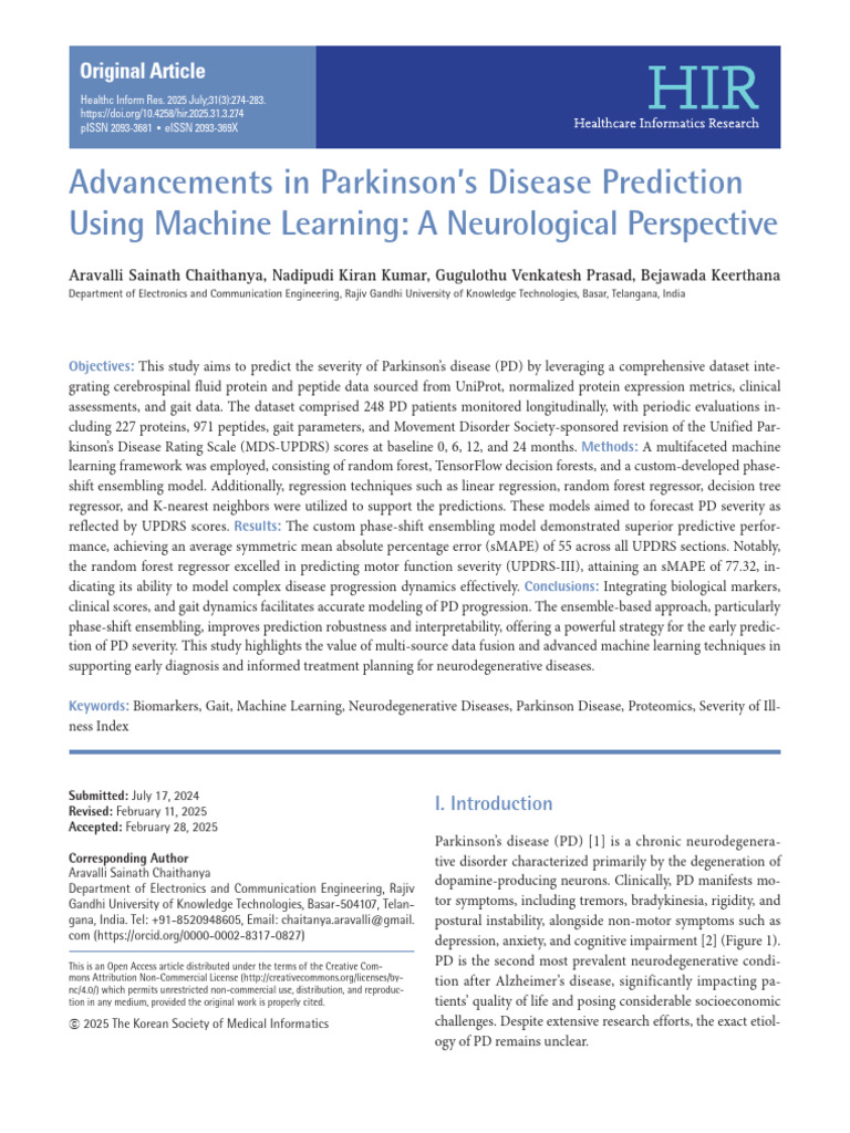 Advancements in Parkinsons Disease Prediction Usi | PDF | Parkinson's ...