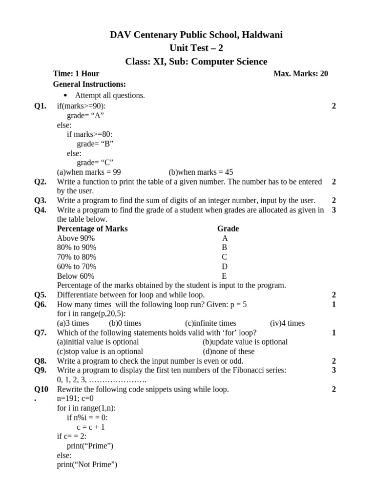 Class XI Computer Science Unit Test | PDF