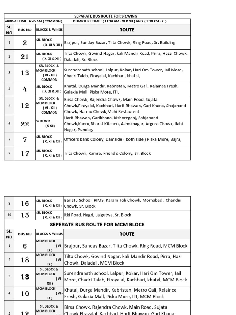Bus Routes and Timings for Students | PDF
