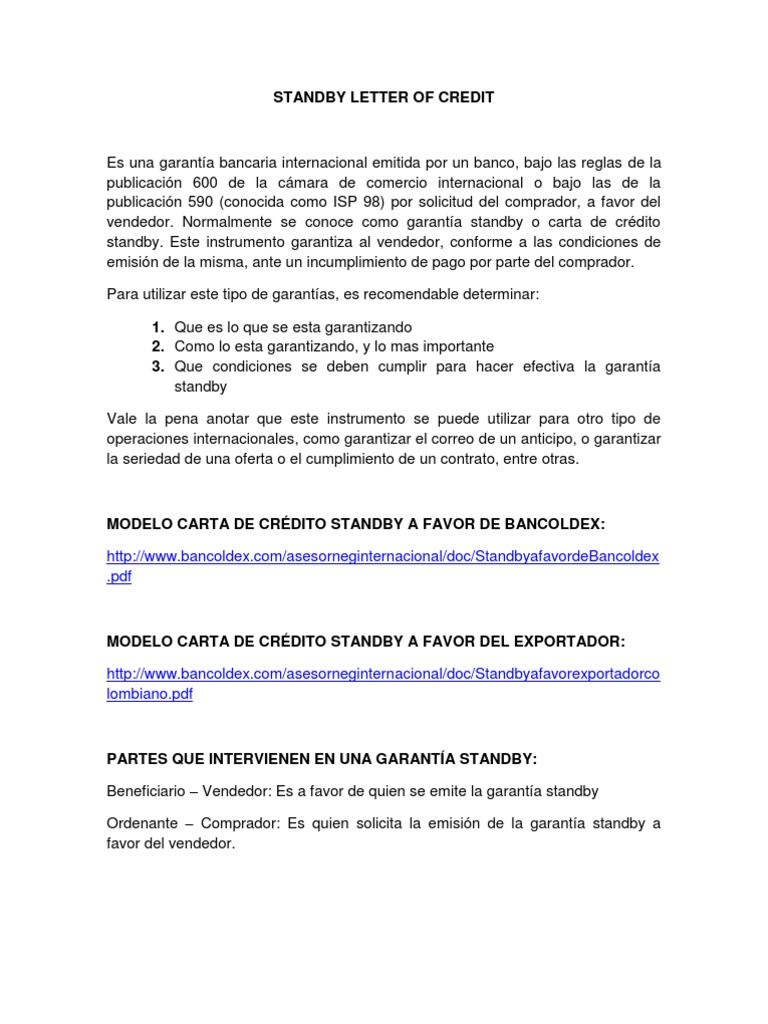 Standby Letter of Credit  Carta de crédito  Bancos