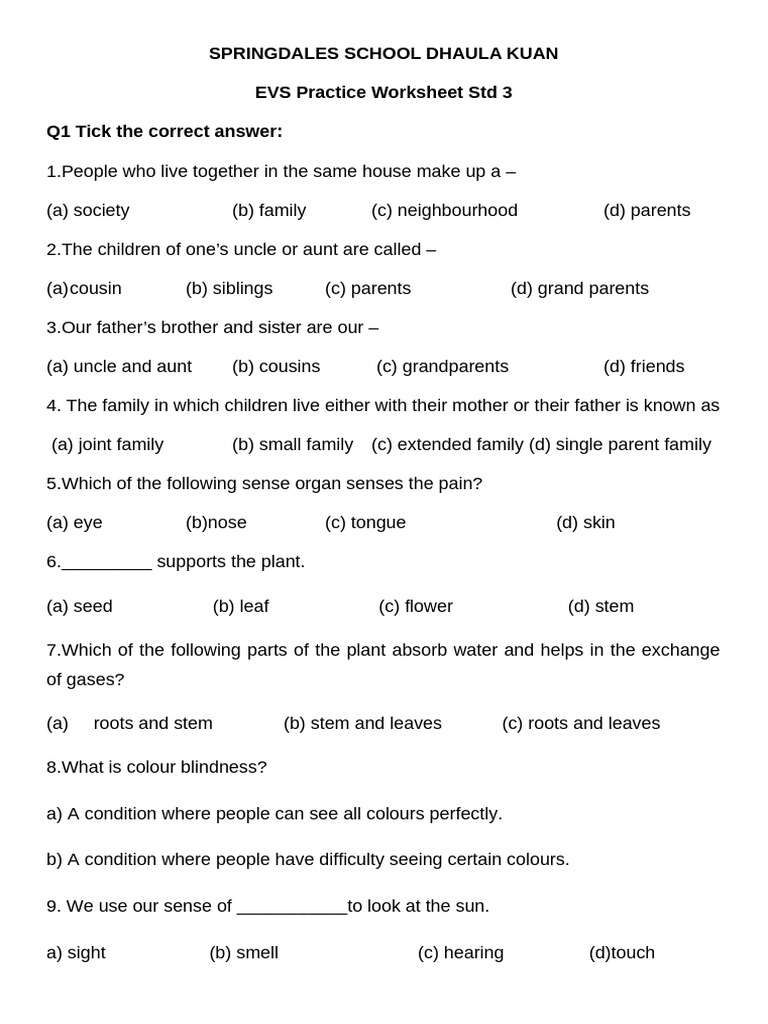 EVS Practice Worksheet for Std 3 | PDF | Branches Of Botany | Plant ...