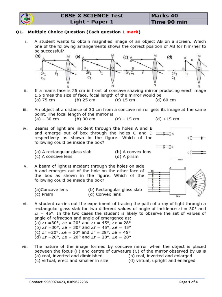 CBSE Class 10 Science Light Test Paper | PDF | Glass Engineering And ...