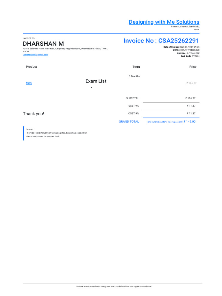 Invoice for MCQ Exam Subscription | PDF | Payments | Rupee