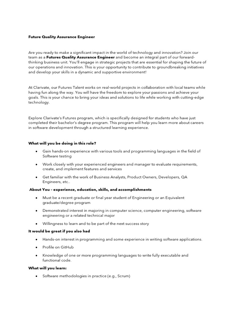 Futures Quality Assurance Engineer Role | PDF | Software Development ...