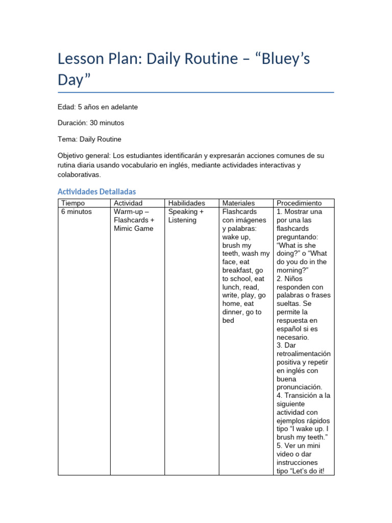 Lesson Plan Daily Routine Bluey | PDF